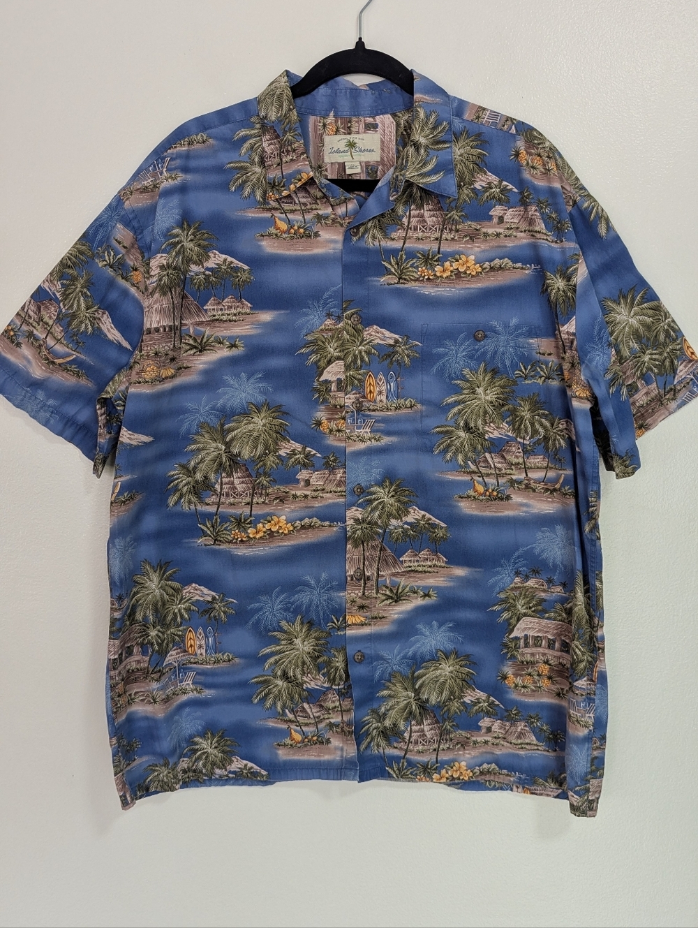 Island Shores Mend XL Blue Tropical Hawaiian Print 100% Cotton Button Down
